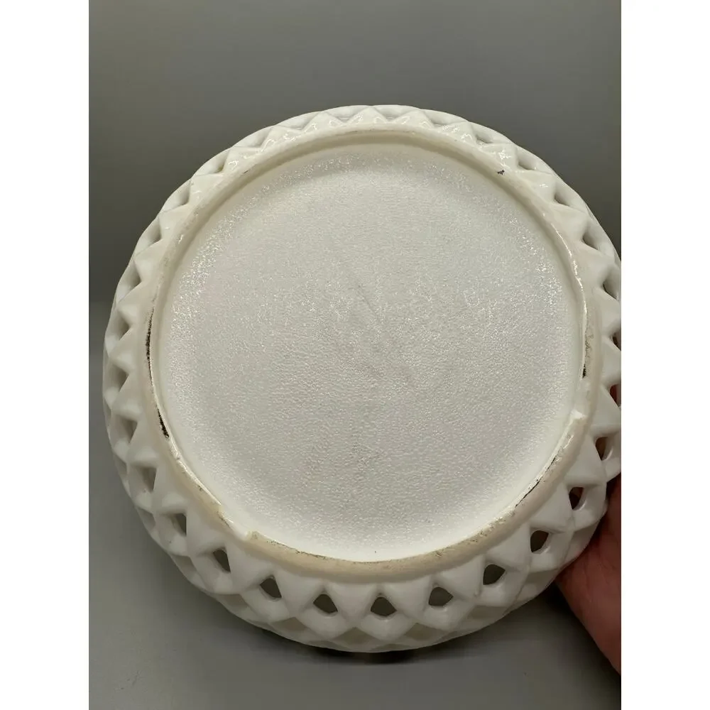 Vtg. Milk Glass Painted Floral Bowl Basket weave Lattice Fruit Compote Open Lace
